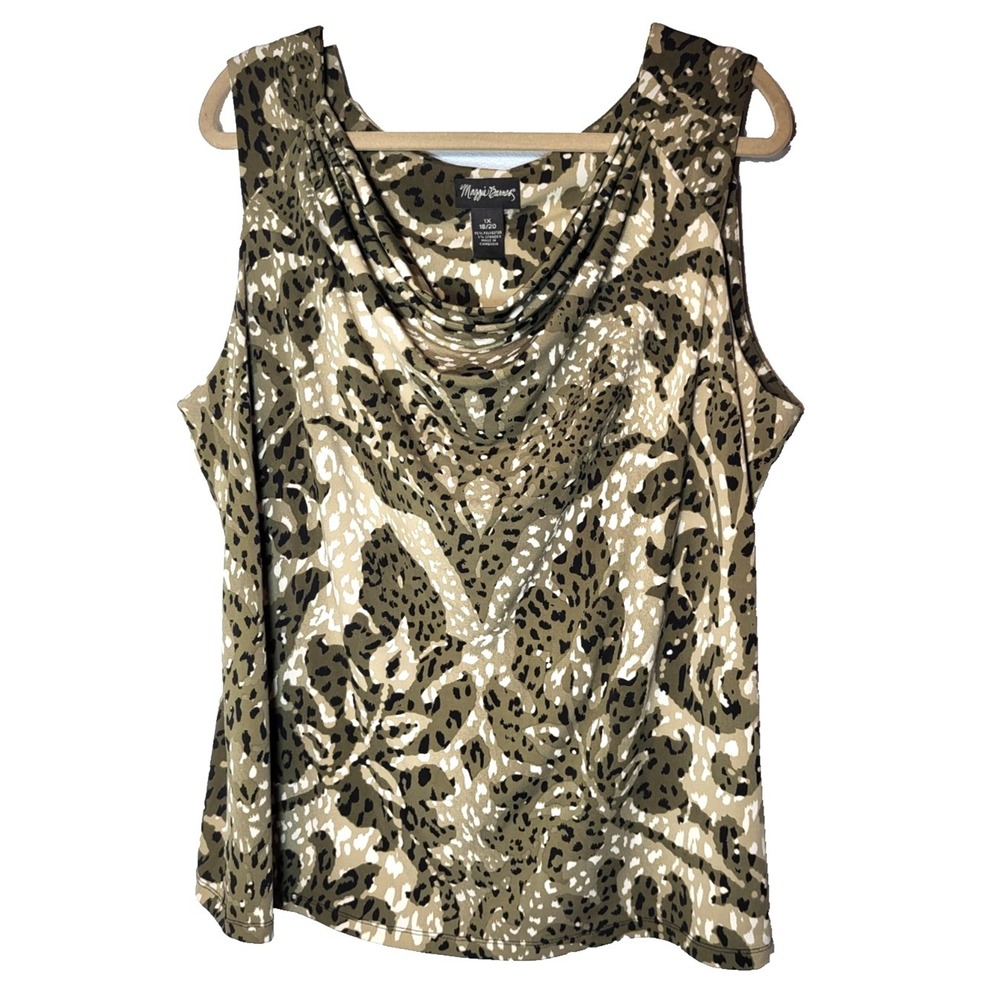 Maggie Barnes Cowl Neck Leaf Print Olive/Cream Tank Top Size 1X‎ 18/20 Career
